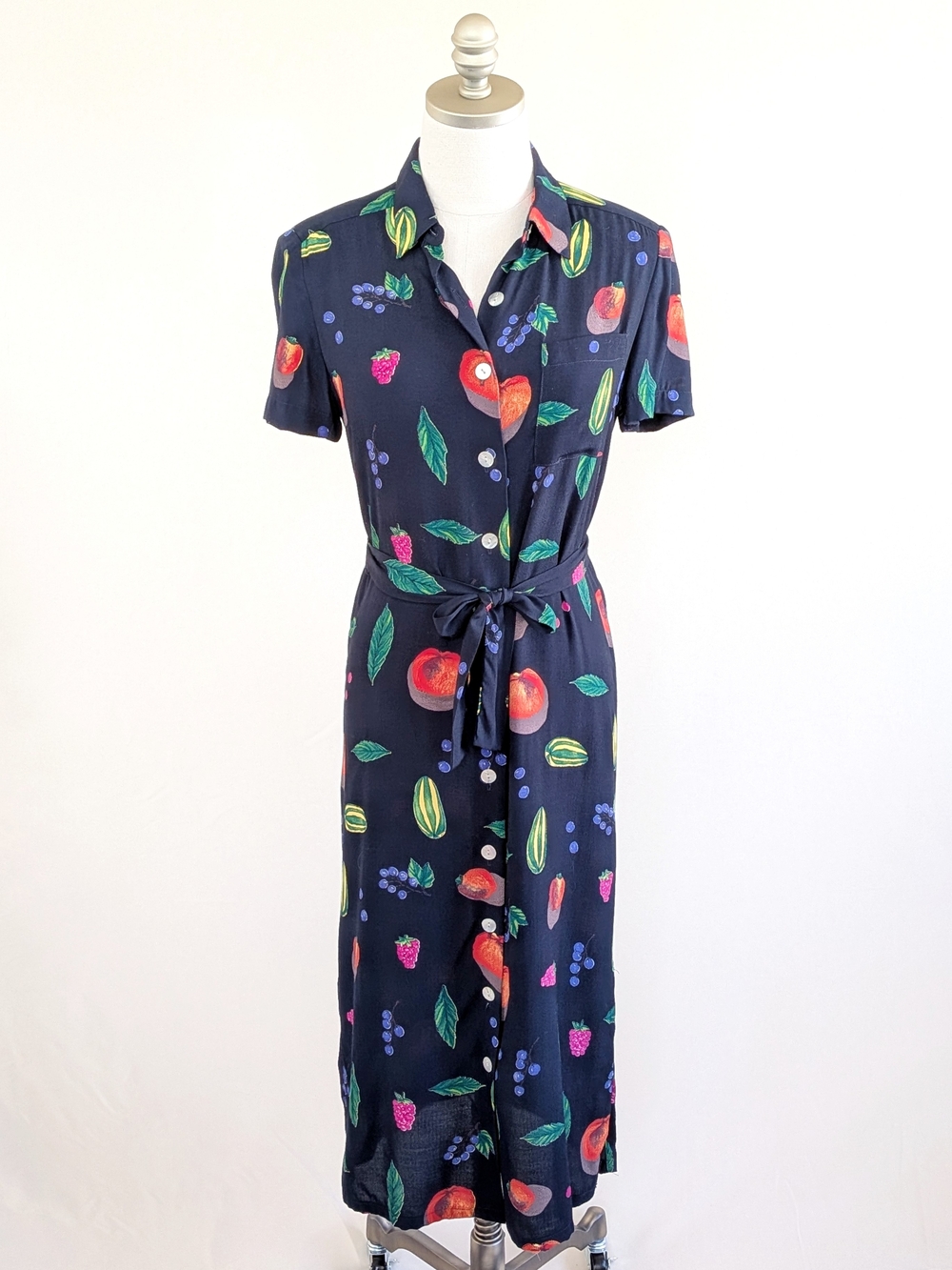Vintage 90s Talbots Navy Fruit Print Button Front Midi Shirt Dress w Belt sz 2P